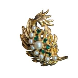 Vintage Gerrys Gold Leaf Brooch With Faux Pearls & Green RhinestonesFeather